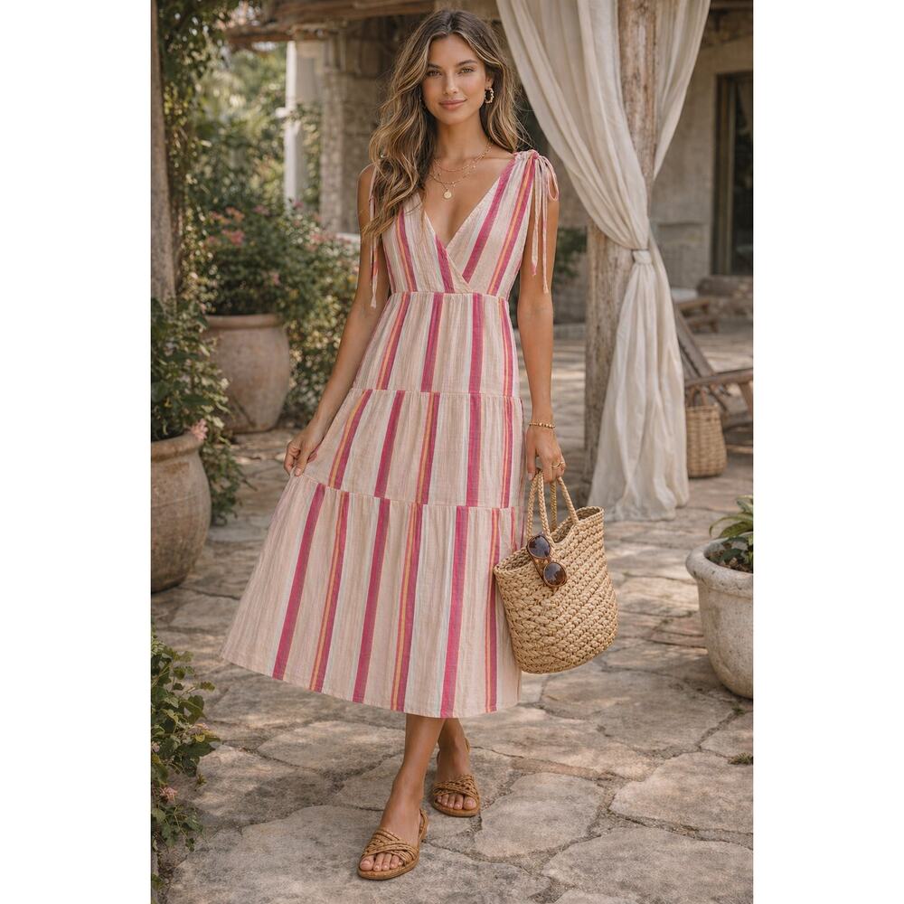 Marine Layer Midi Dress Women's Medium Pink Striped Gauze Tiered Summer Beach